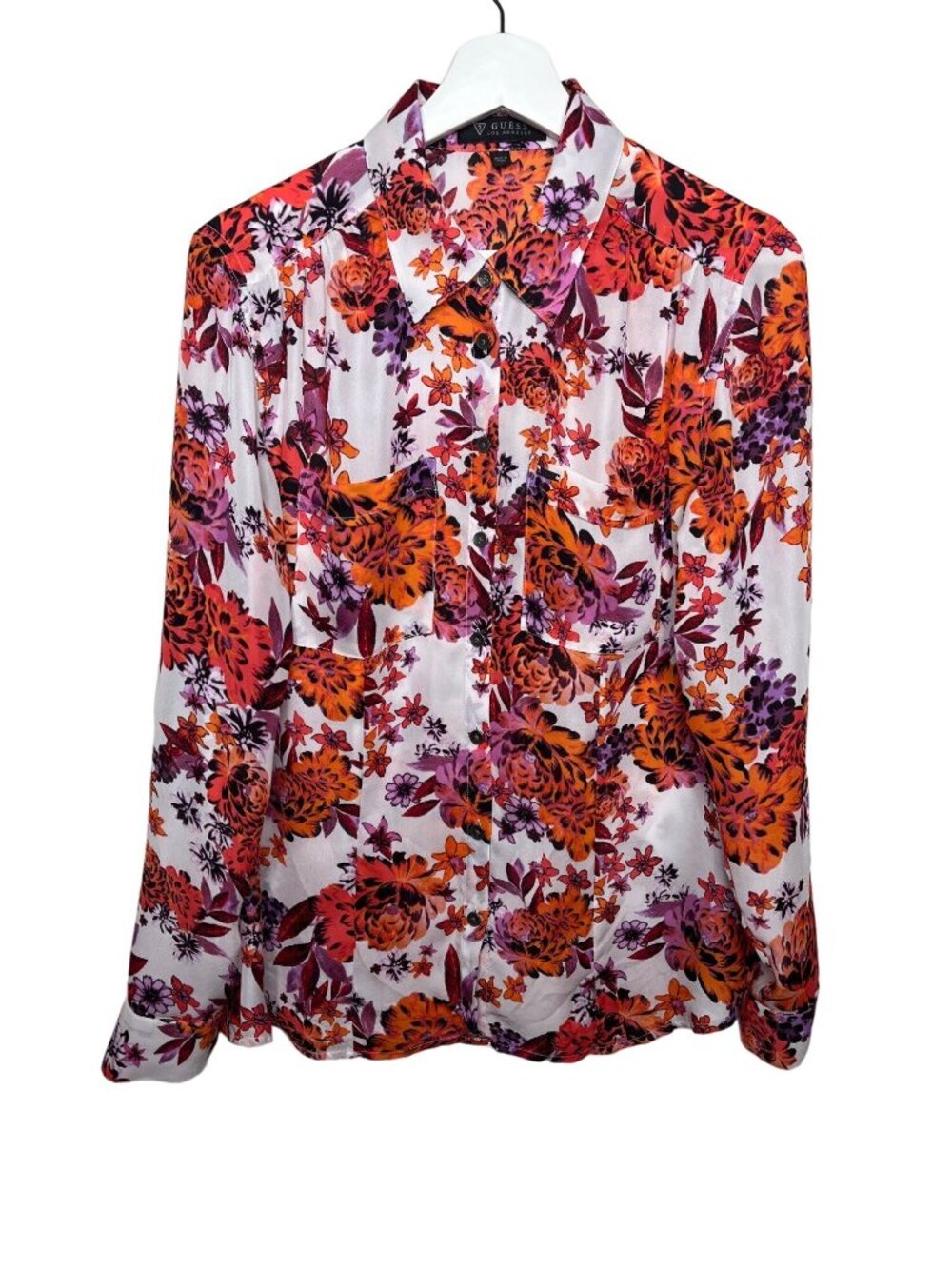 Guess Women's Blouse Small Orange White Floral Button Front Boho Top